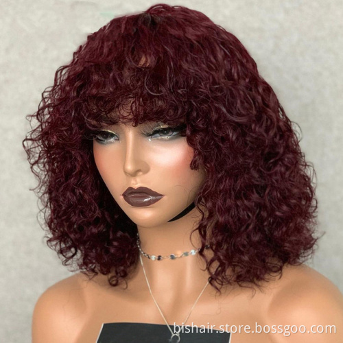 Wholesale 99J Short Bob Machine Made Human Hair Wigs 150% Density Wigs For Black Women Curly Brazilian Remy Hair Wigs With Bang